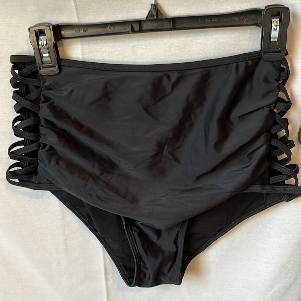 YONIQUE Black Tankini Set Peplum Lace Up High Waist Bikini Size Large - Picture 6 of 9